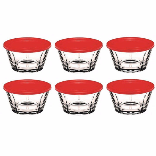 Pack Of 6 Royal Small Glass Bowl Food Saver With Red Lids 10cm x 6cm   6394 (Parcel Rate)