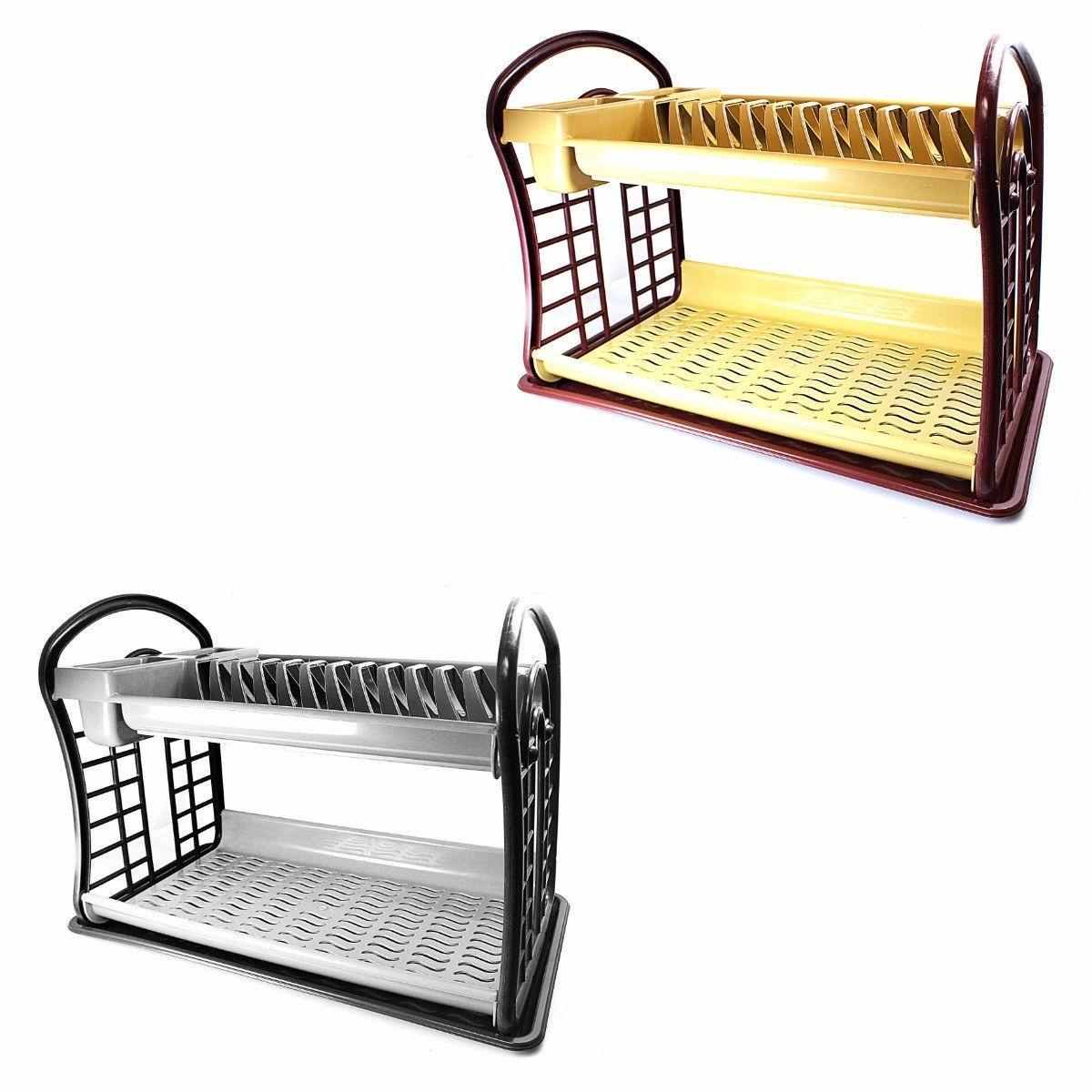2 Tier, Plastic Natural Bamboo Look Space Saving Dish Drainer, 40 x 26cm   K0053 (Parcel Rate)