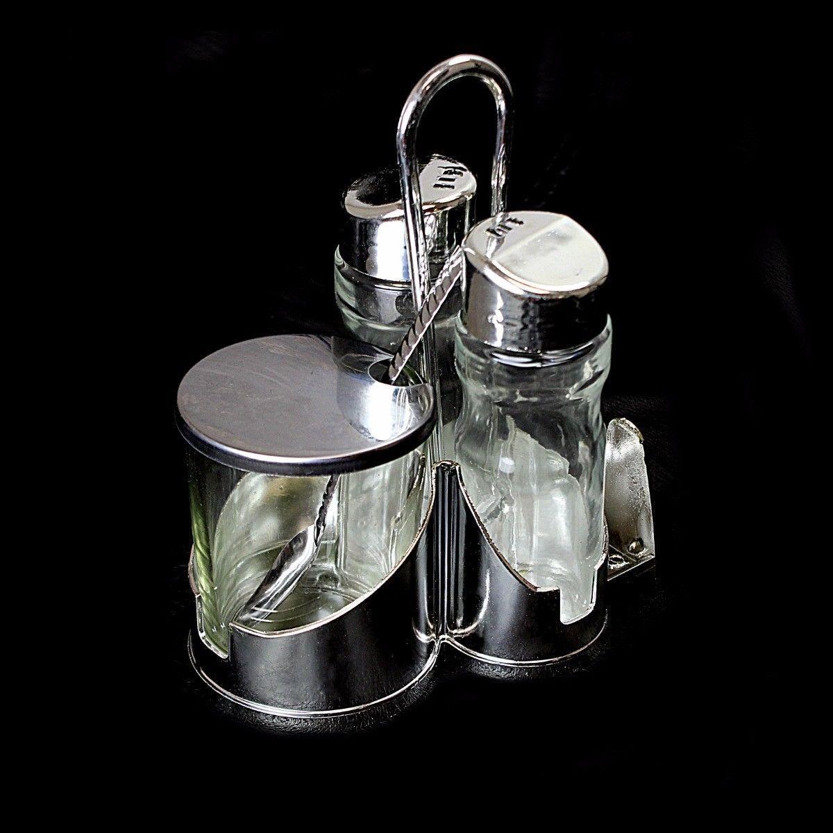 Stainless Steel Glass Salt Pepper Oil & Vinegar Holder / Dispenser 4 Pc Set Kitchen 0043 (Parcel Rate)