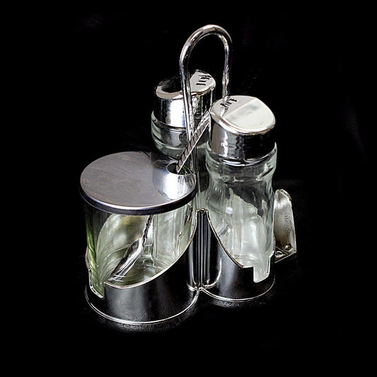 Stainless Steel Glass Salt Pepper Oil & Vinegar Holder / Dispenser 4 Pc Set Kitchen 0043 (Parcel Rate)