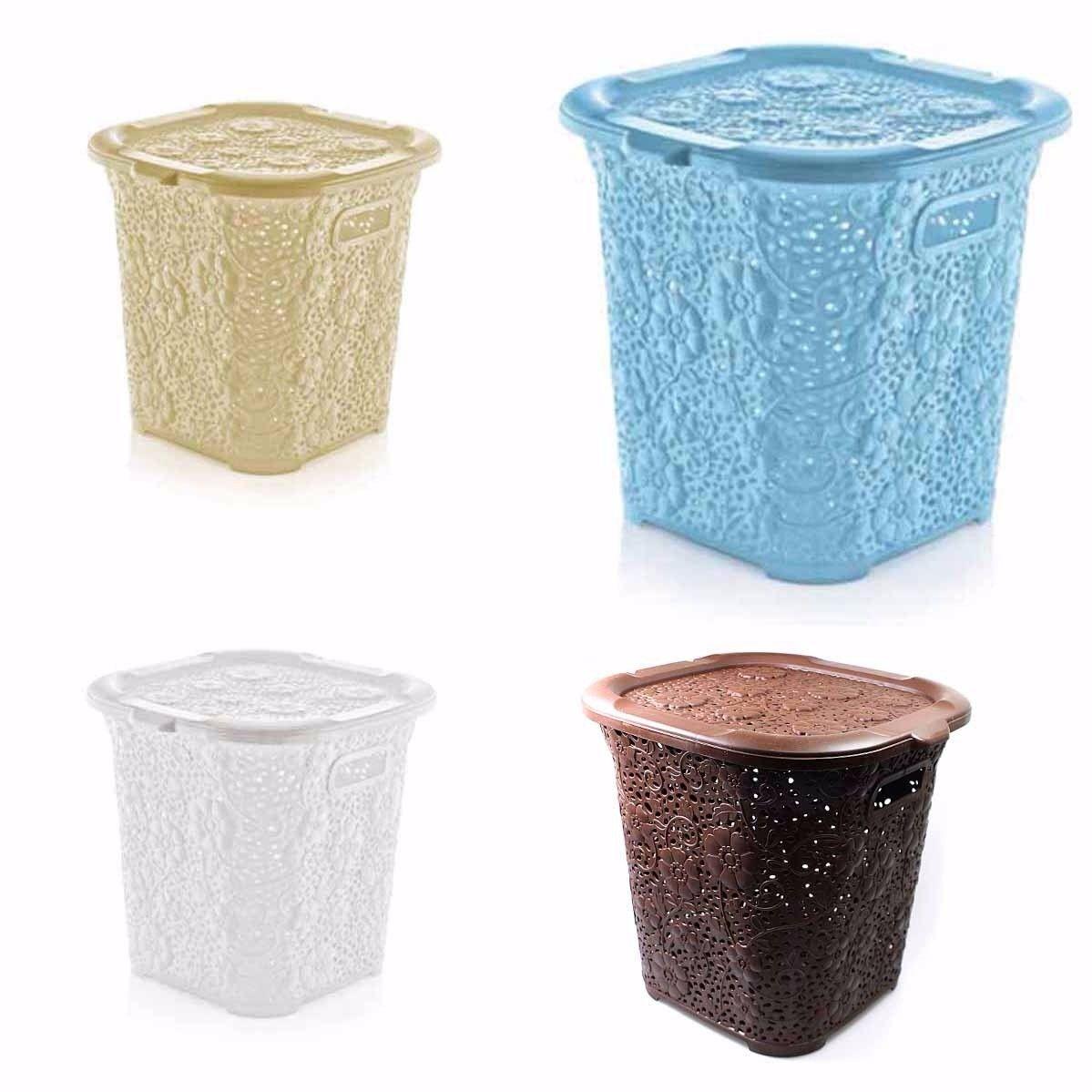 15 Litre Plastic Laced Design Basket With Lid Assorted Colour 5117 (Parcel Rate)