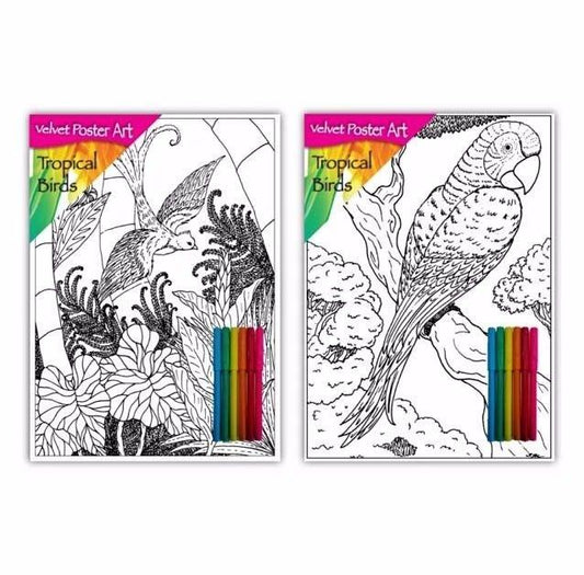 Velvet Poster Art Children's' Fun Colouring with Pens Tropical Birds 1 25 x 38 cm 2 Designs P3004 (Parcel Rate)