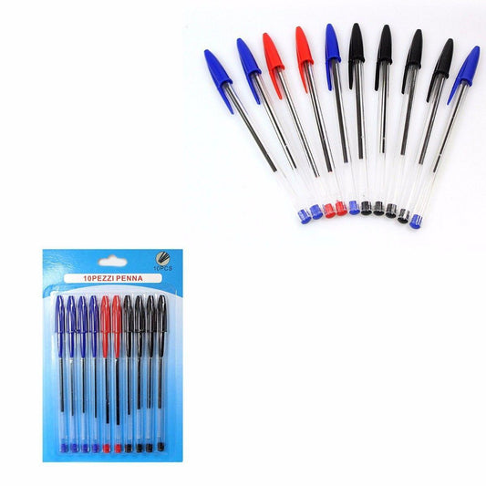 Pack Of 10 Red Blue Black Colour Ballpoint Pens By Pezzi Penna 1548 (Large Letter Rate)