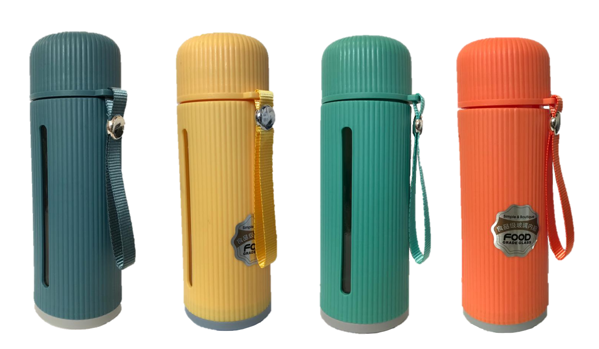 Glass / Plastic Water Bottle Flask with Strap 500 ml 21 x 7 cm Assorted Colours 7281(Parcel Rate)