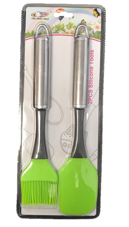 Green Silicone Spatula and Pastry Brush Set Metal Handle 26 cm 6951 (Parcel Rate)