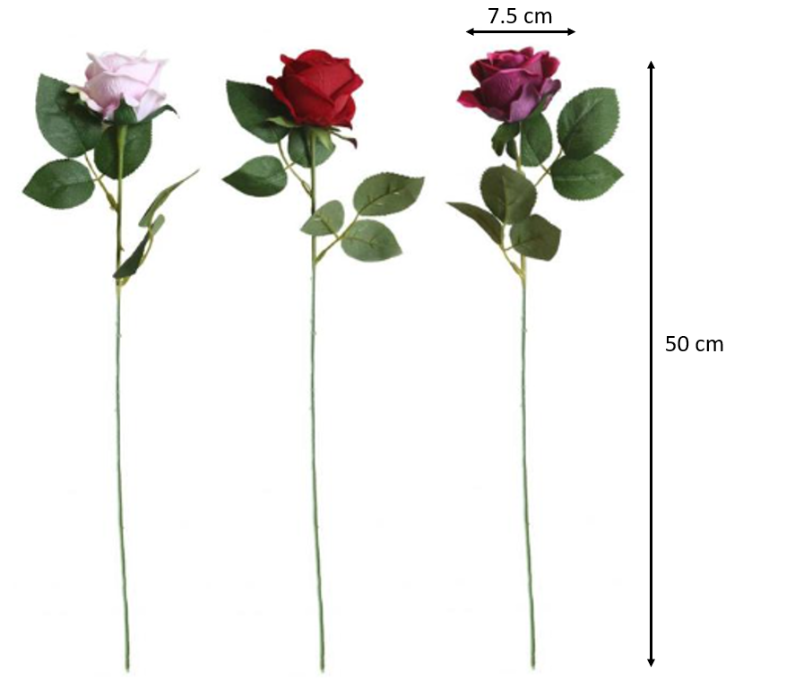 Plastic Artificial Fake Roses Flowers Single Stem Velvet Petals 50 cm Assorted Colours 7105 (Parcel Rate)
