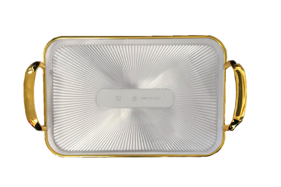 Rectangular Clear Plastic Serving Tray with Gold Rim and Handles 30 x 42 cm 7352 (Parcel Rate)