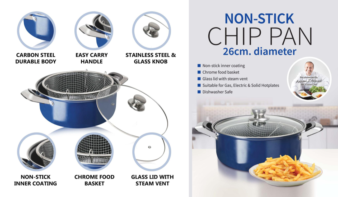 Non Stick 26cm Chip Pan With Chrome Food Basket Blue Kitchen Home 7352 (Big Parcel Rate)