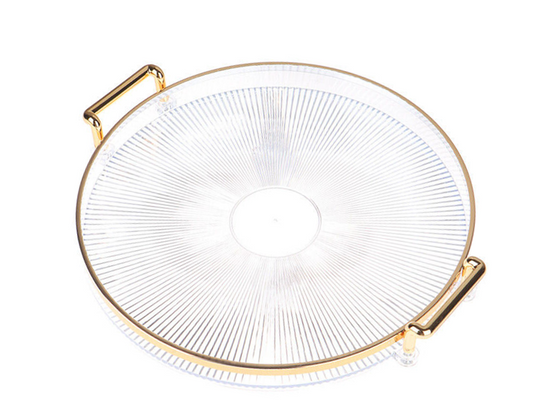 Round Clear Plastic Serving Tray with Gold Rim and Handles 36 cm 7355 (Parcel Rate)