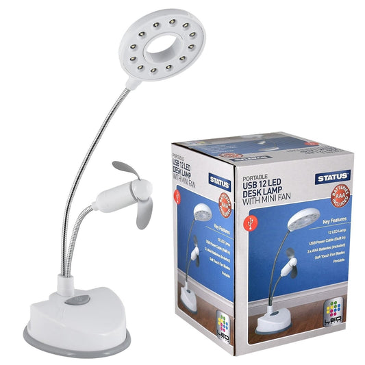 Status White Portable USB 12 Led Desk Lamp With 2.5" Mini Fan 9387 (Parcel Rate)
