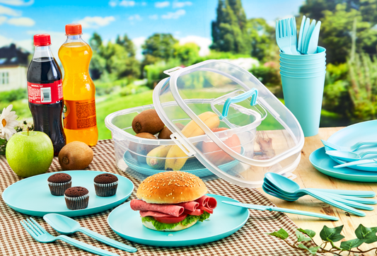 32Pc Plastic Picnic Camping Party Dinner Plate Mug Cutlery Set Storage Box Mixed Colours Random Sent AK579 (Parcel Rate)