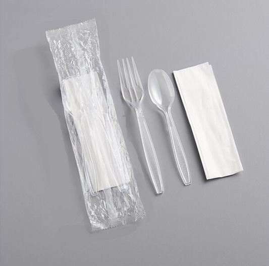 Box Of 250 Sets Disposable Fork Spoon And Napkin Set Clear Plastic Individually Wrapped Packaging FKN2 (Parcel Rate)