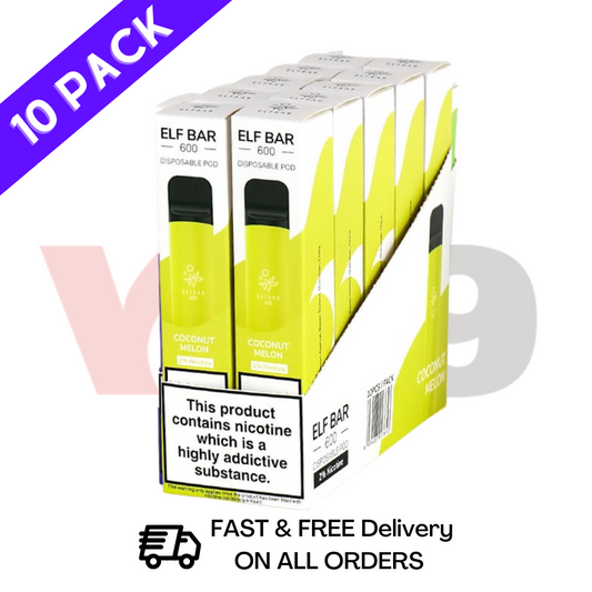 Elf Bar Box of 10 600puff Coconut Melon Flavour Disposable Vapes UK - Bulk Order