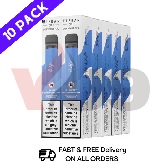 Elf Bar Box of 10 600puff Blueberry Raspberry Flavour Disposable Vapes UK - Bulk Order - Vape Supplier Manchester!
