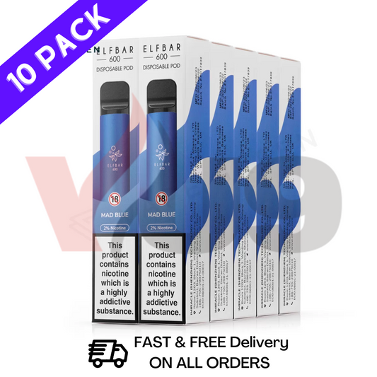 Elf Bar Box Of 10 600puff NEW MAD BLUE Pack Manchester Supplier 