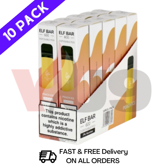 Elf Bar Box of 10 600puff PEACH ICE Flavour Disposable Vapes UK - Bulk Order Wholesale Supplier Manchester