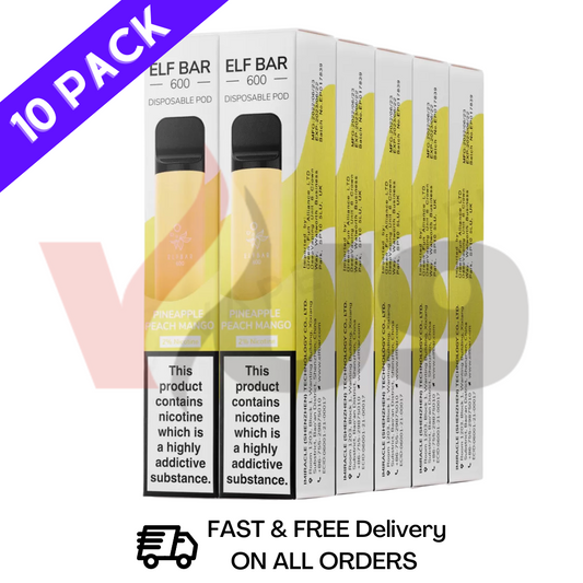 Elf Bar Box Of 10 600puff Pineapple Peach Mango Pack Multlipack Wholesale Vape Distributor Manchester VU9