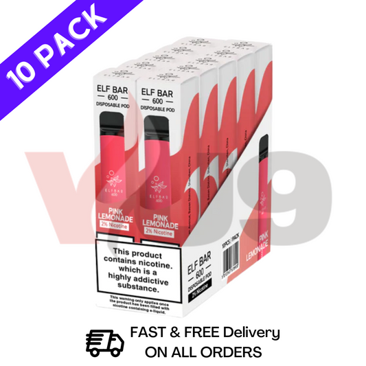 Elf Bar Box Of 10 600puff Pink Lemonade Pack Multi Manchester Vape Supplier UK 