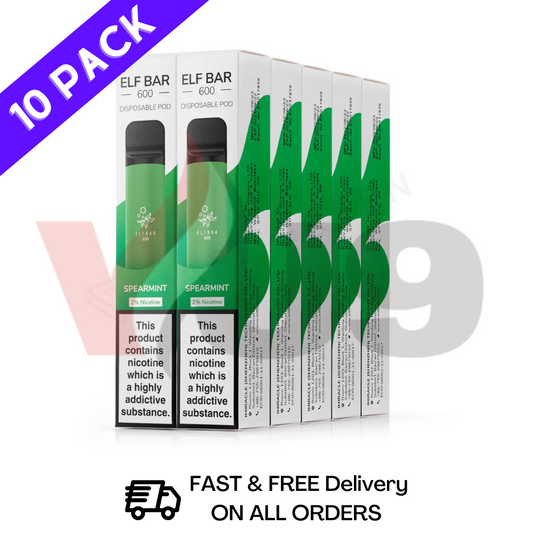 Elf Bar Box of 10 600puff Spearmint Flavour Disposable Vapes UK - Bulk Order