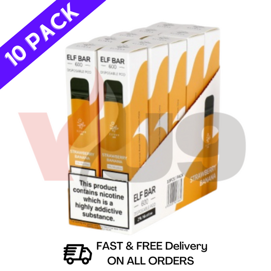 Elf Bar Box Of 10 600puff Strawberry Banana Pack Manchester Supplier Vape VU9