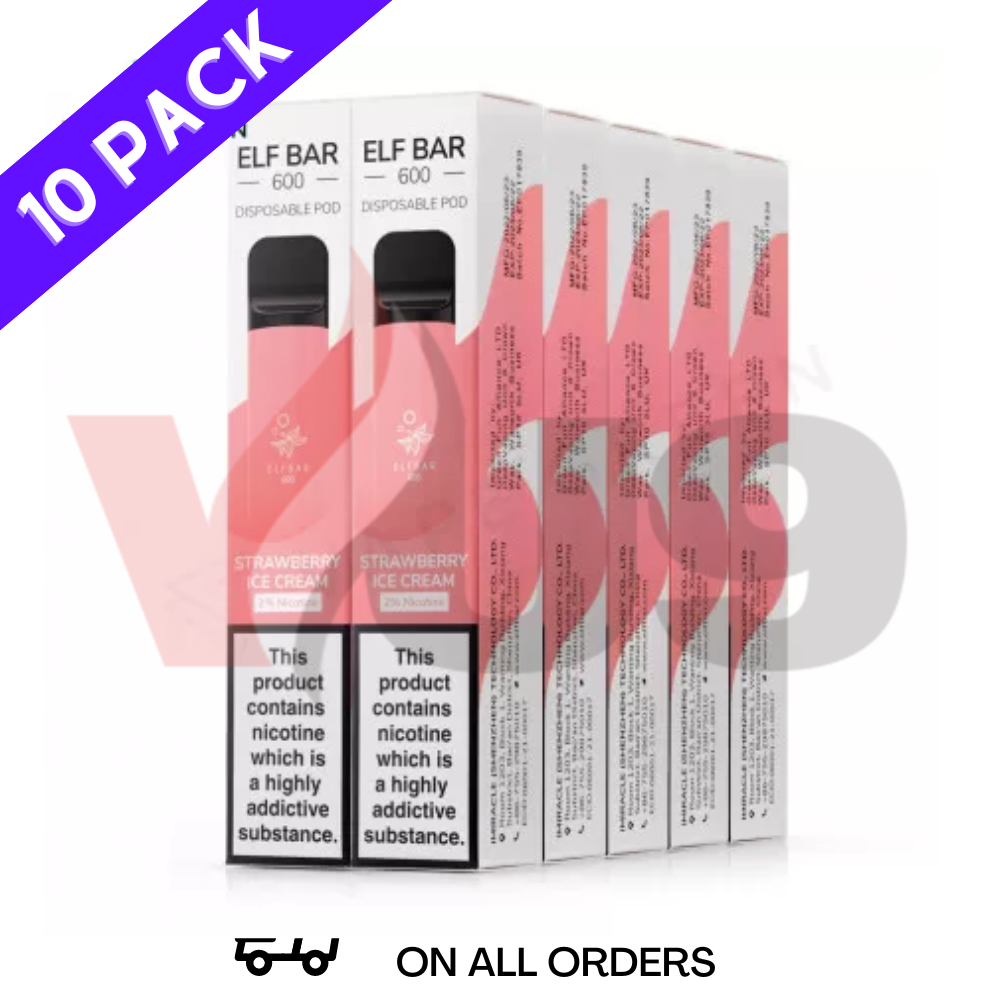 Elf Bar Box of 10 600puff Strawberry Ice Cream Flavour Disposable Vapes UK - Bulk Order Manchester Wholesale Distributor 