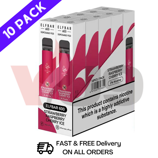 Elf Bar Box Of 10 600puff Strawberry Raspberry Cherry ICE Pack Multi Bulk Buy Manchester Supplier Today