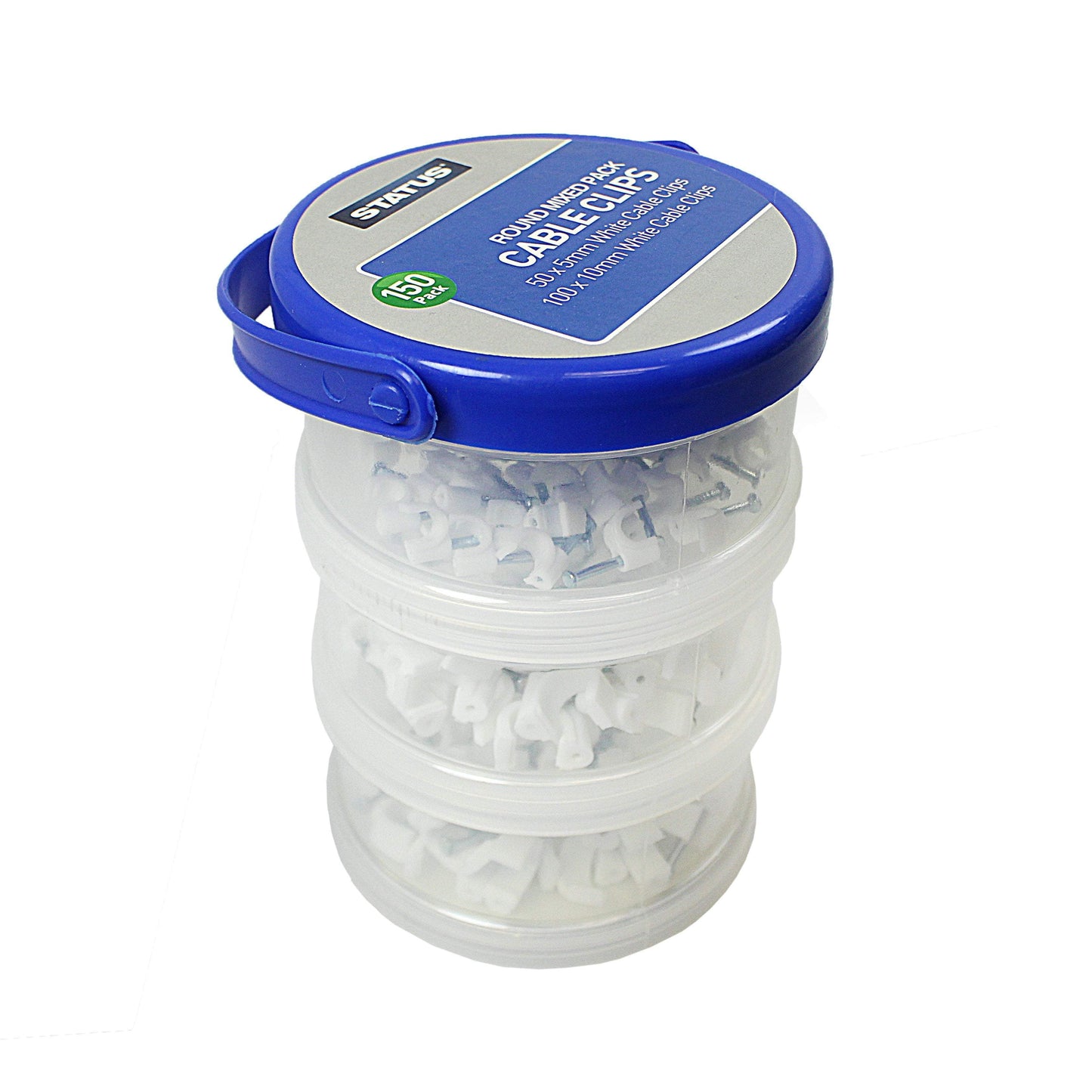 Status White Pack Of 150 Mixed Round Cable Clips (100 x 10mm & 50 x 5mm) In Plastic Tub 8766 (Parcel Rate