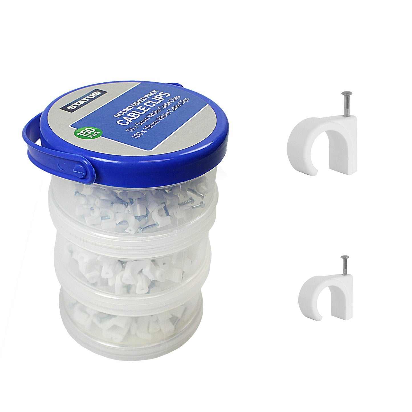 Status White Pack Of 150 Mixed Round Cable Clips (100 x 10mm & 50 x 5mm) In Plastic Tub 8766 (Parcel Rate