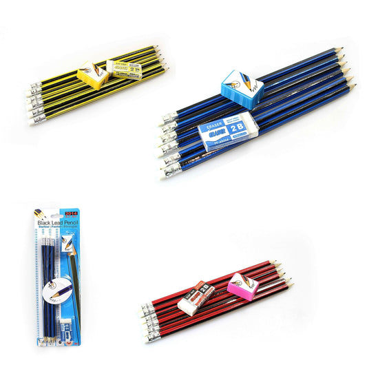 Childrens School Lead Pencils Eraser Sharpener Pack 3 Colours Available (Large Letter Rate)