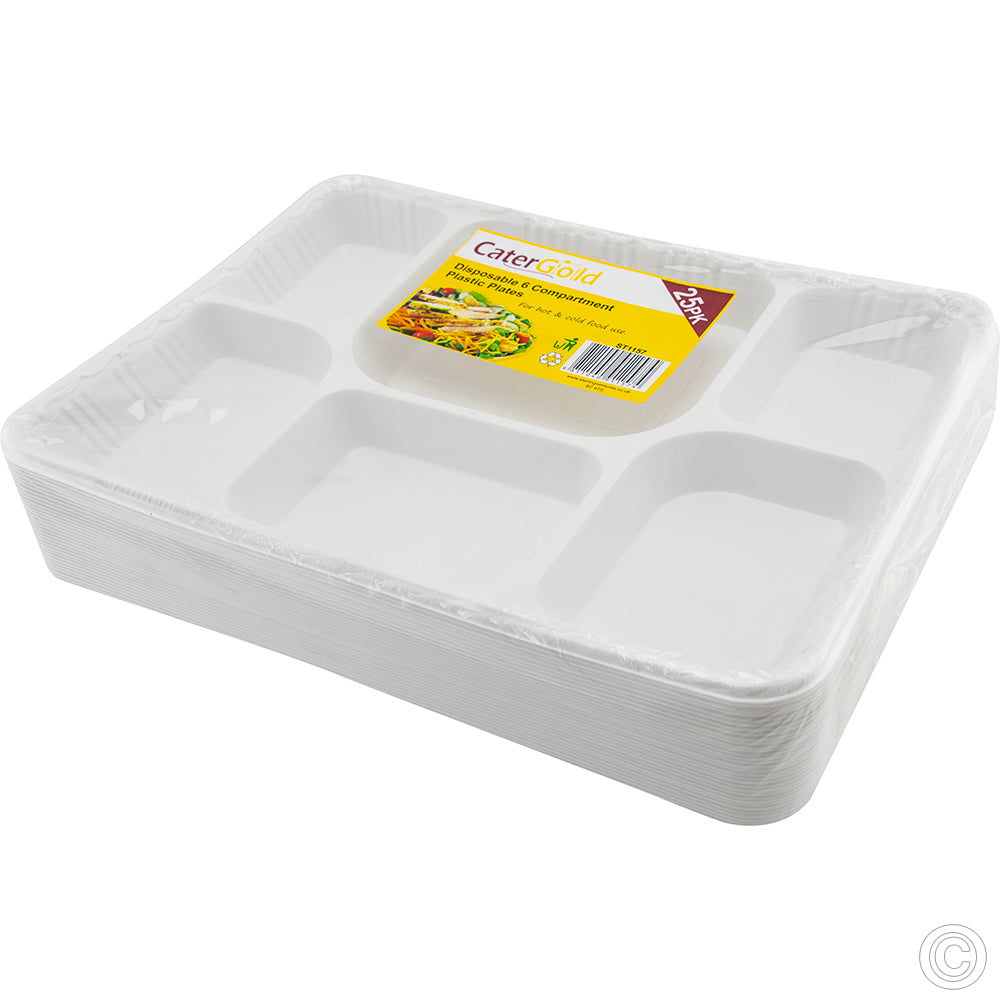 25 Pack White Multi 6 Compartment Disposable Plates Weddings Catering ST1157 (Parcel Rate)