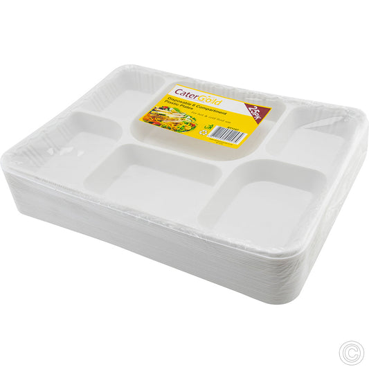 25 Pack White Multi 6 Compartment Disposable Plates Weddings Catering ST1157 (Parcel Rate)