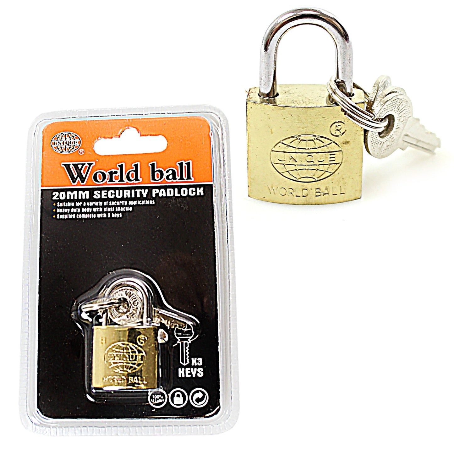 New Security World Ball Unique Padlock 20mm With 3 Keys 0242 (Parcel Rate)