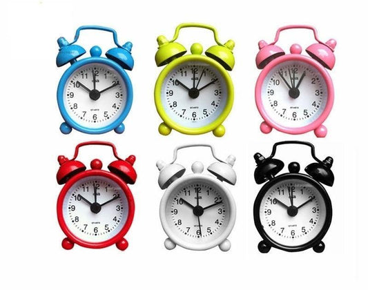 Classic Double Bell Mini Alarm Clock Quartz Movement Bedside Assorted Colours 0512 (Parcel Rate)