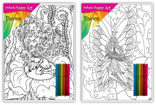 Velvet Poster Art Children's' Fun Colouring with Pens Fairies 1 25 x 38 cm 2 Designs P3008 (Parcel Rate)