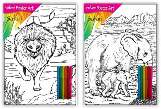 Velvet Poster Art Children's' Fun Colouring with Pens Safari 2 25 x 38 cm 2 Designs P3003 (Parcel Rate)