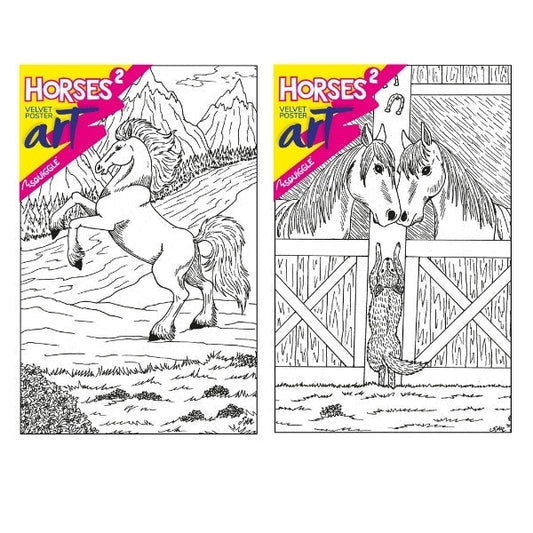 Velvet Poster Art Children's' Fun Colouring with Pens Horses 2 25 x 38 cm 2 Designs P3021 (Parcel Rate)
