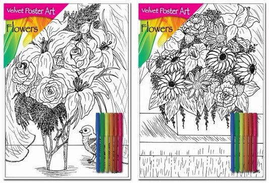 Velvet Poster Art Children's' Fun Colouring with Pens Flowers 2 25 x 38 cm 2 Designs P3023 (Parcel Rate)