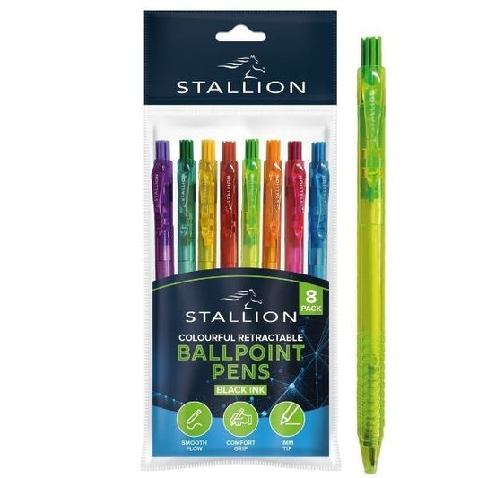 Colourful Retractable 1mm Ballpoint Pens 8pk Black Ink P3052 (Parcel Rate)