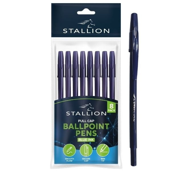 Pull Cap Ballpoint Pens 8pk Blue P3054 (Parcel Rate)