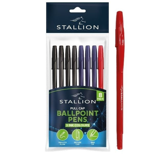 Pull Cap Ballpoint Pens 8pk Assorted P3055 (Parcel Rate)