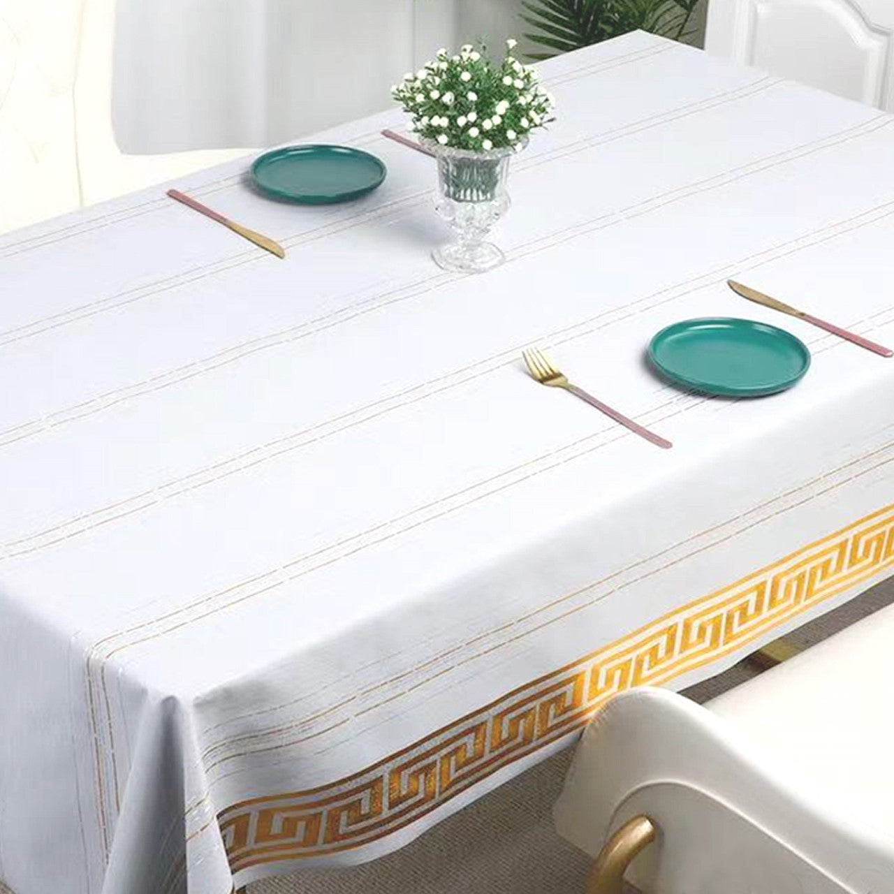 Durane Plastic Table Cover Roll White Gold Pattern Design 1.37x20m DR-8353C 10264 (Big parcel rate)