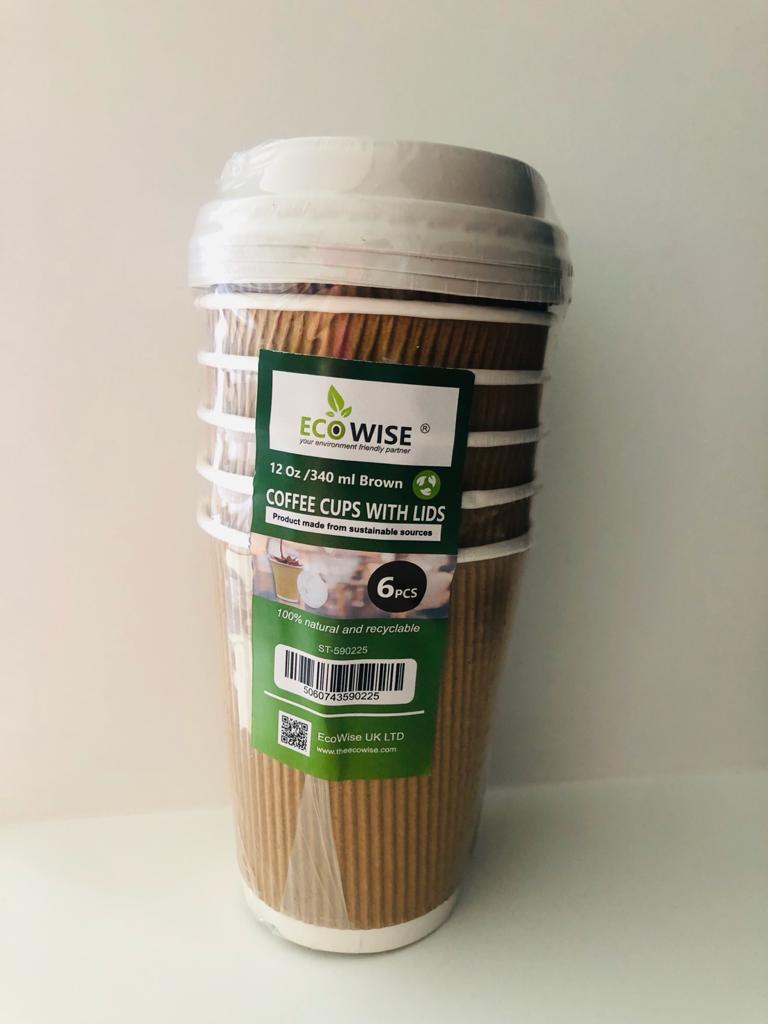 12oz 340ml Recyclable Ripple Paper Cups With Lids Pack of 6 EC0898 (Parcel Rate)